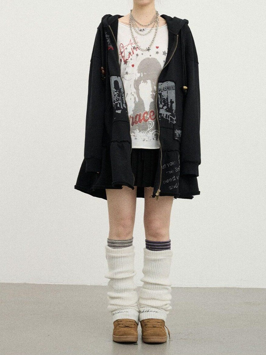 Achihara Cocoa Tree Distressed Figure Print Hooded Midlength Loose Women'S Cotton Hoodies