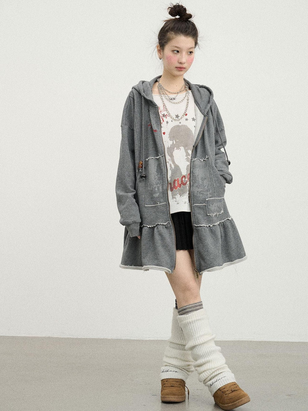 Achihara Cocoa Tree Distressed Figure Print Hooded Midlength Loose Women'S Cotton Hoodies