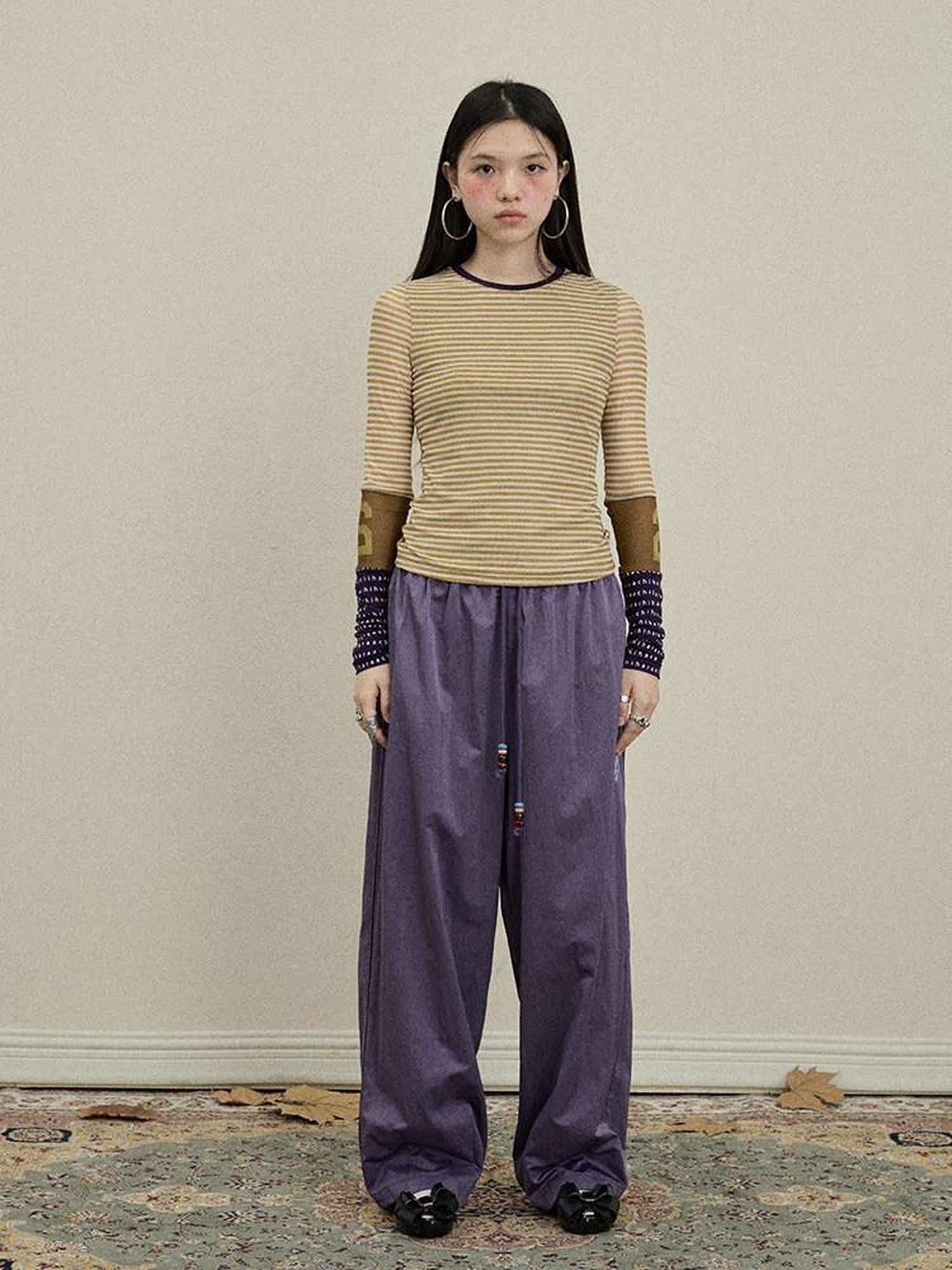Achihara Colorblock Patchwork Cross Stripe Women'S Polyester Spandex Long Sleeve T-Shirts