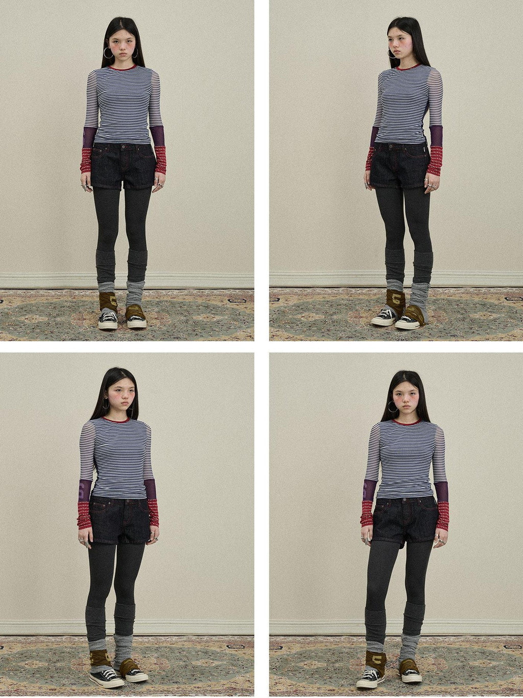 Achihara Colorblock Patchwork Cross Stripe Women'S Polyester Spandex Long Sleeve T-Shirts