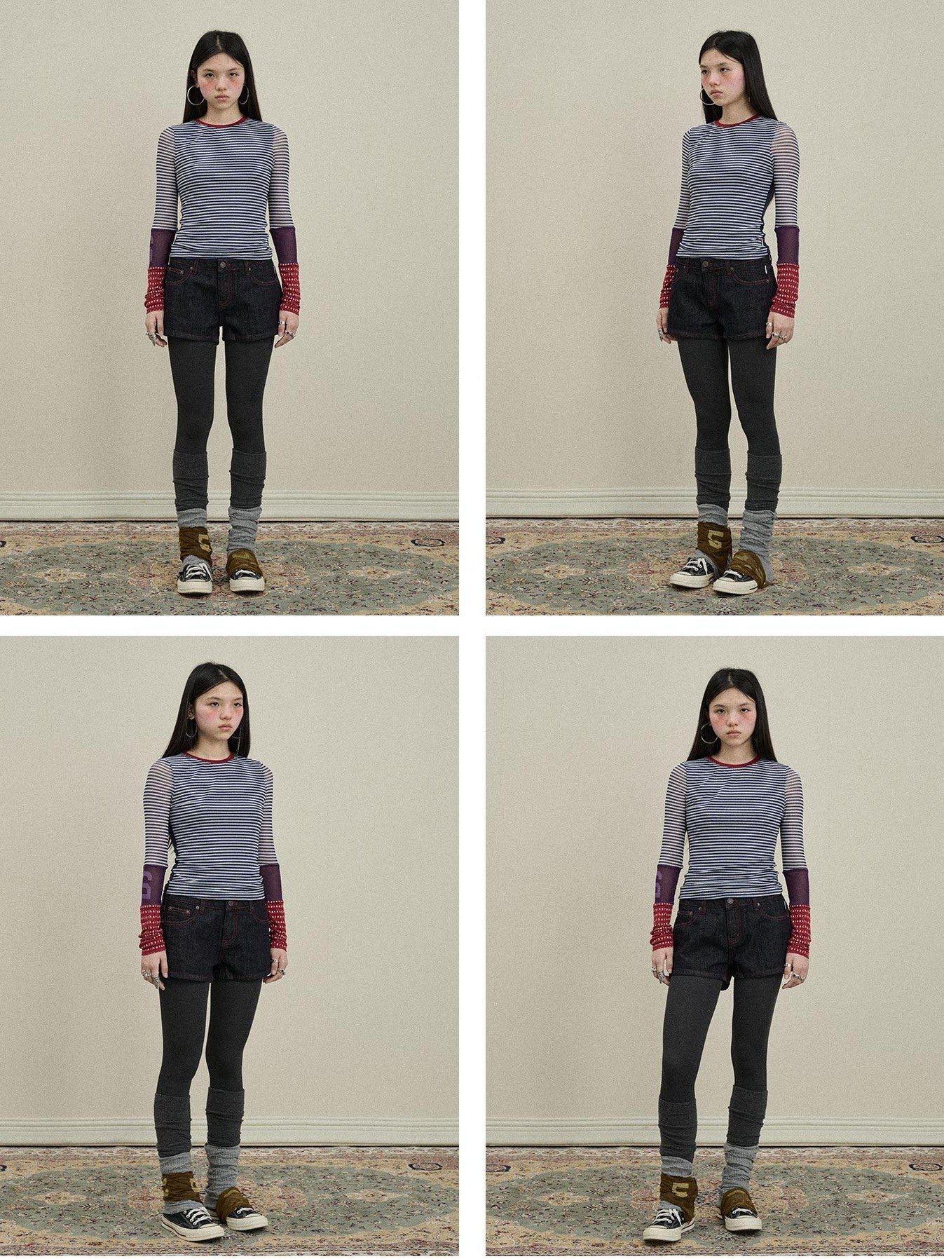 Achihara Colorblock Patchwork Cross Stripe Women'S Polyester Spandex Long Sleeve T-Shirts