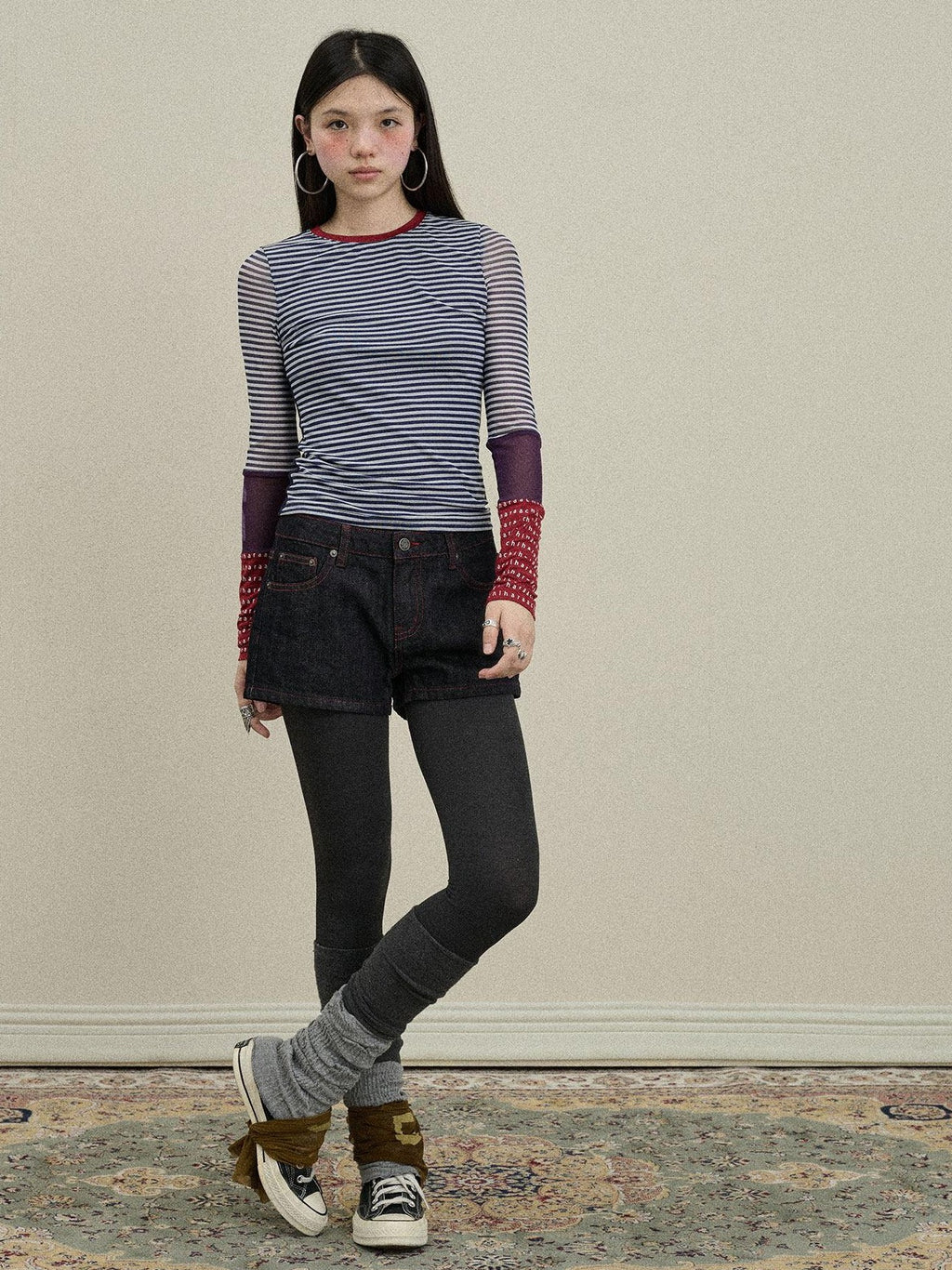 Achihara Colorblock Patchwork Cross Stripe Women'S Polyester Spandex Long Sleeve T-Shirts