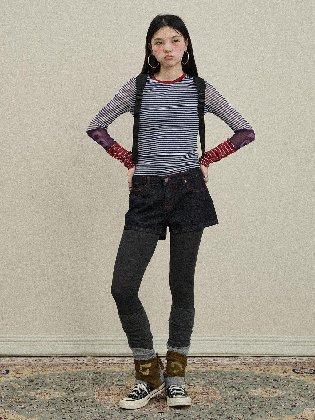 Achihara Colorblock Patchwork Cross Stripe Women'S Polyester Spandex Long Sleeve T-Shirts