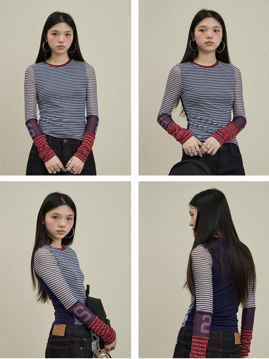 Achihara Colorblock Patchwork Cross Stripe Women'S Polyester Spandex Long Sleeve T-Shirts