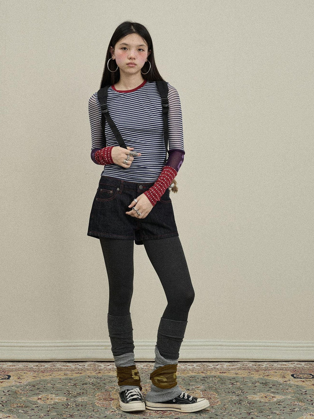 Achihara Colorblock Patchwork Cross Stripe Women'S Polyester Spandex Long Sleeve T-Shirts