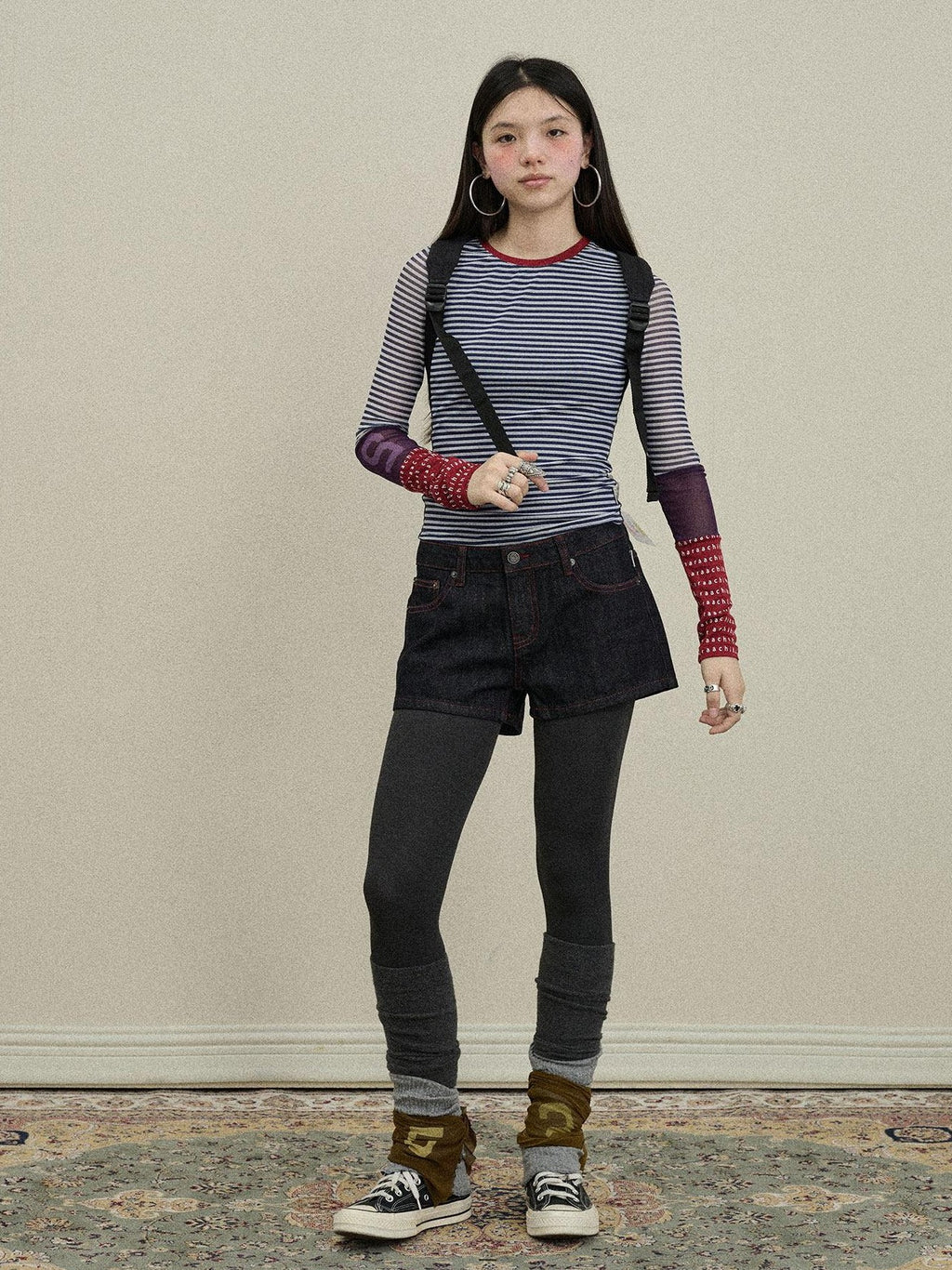Achihara Colorblock Patchwork Cross Stripe Women'S Polyester Spandex Long Sleeve T-Shirts