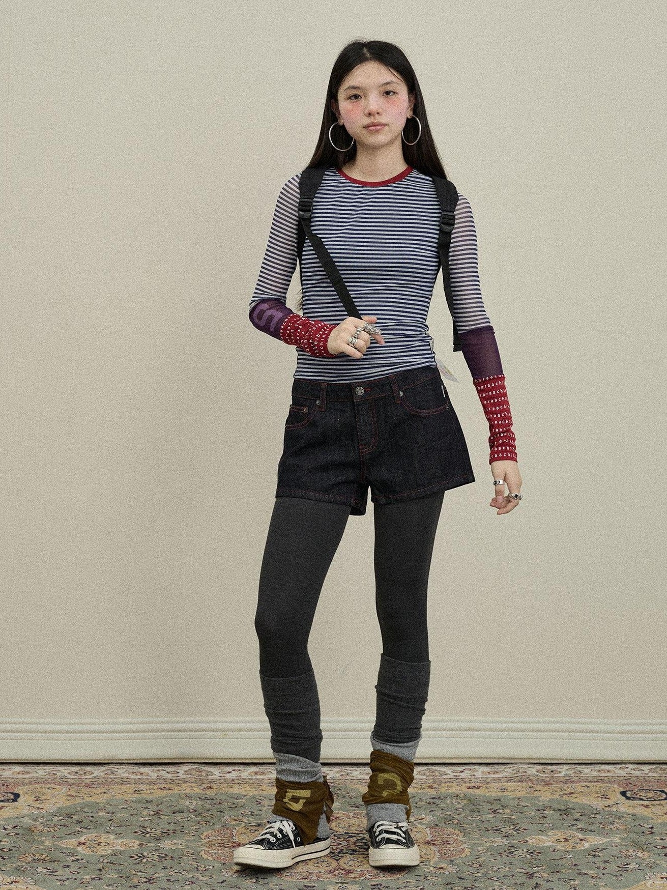 Achihara Colorblock Patchwork Cross Stripe Women'S Polyester Spandex Long Sleeve T-Shirts