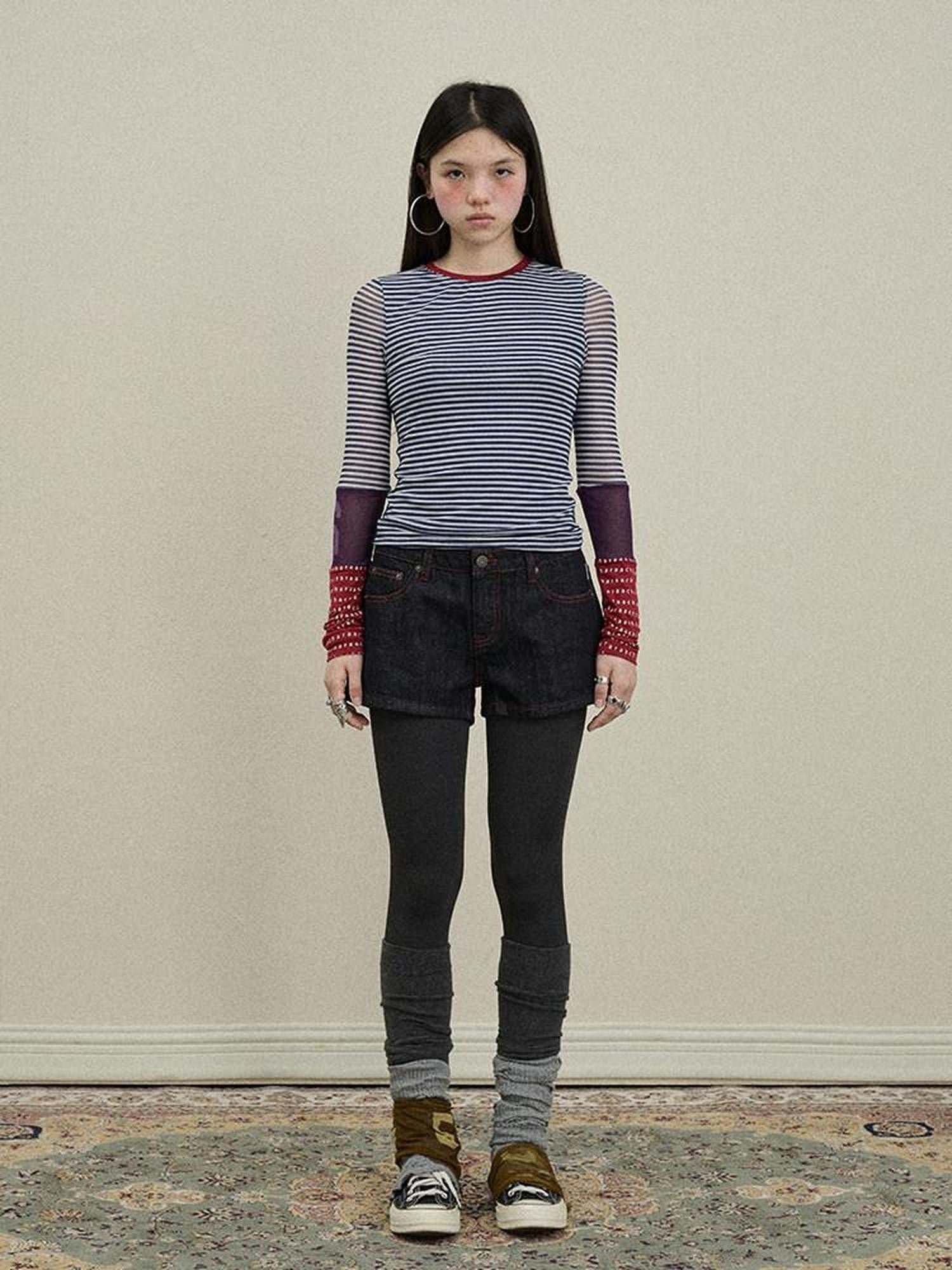 Achihara Colorblock Patchwork Cross Stripe Women'S Polyester Spandex Long Sleeve T-Shirts