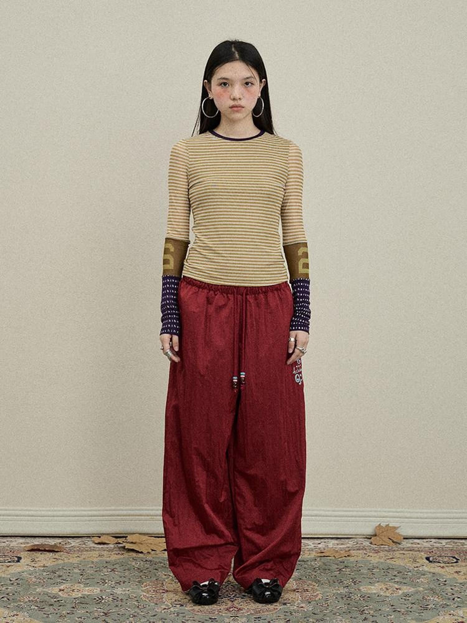 Achihara Colorblock Patchwork Cross Stripe Women'S Polyester Spandex Long Sleeve T-Shirts