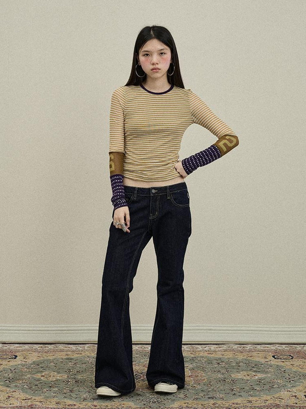 Achihara Colorblock Patchwork Cross Stripe Women'S Polyester Spandex Long Sleeve T-Shirts