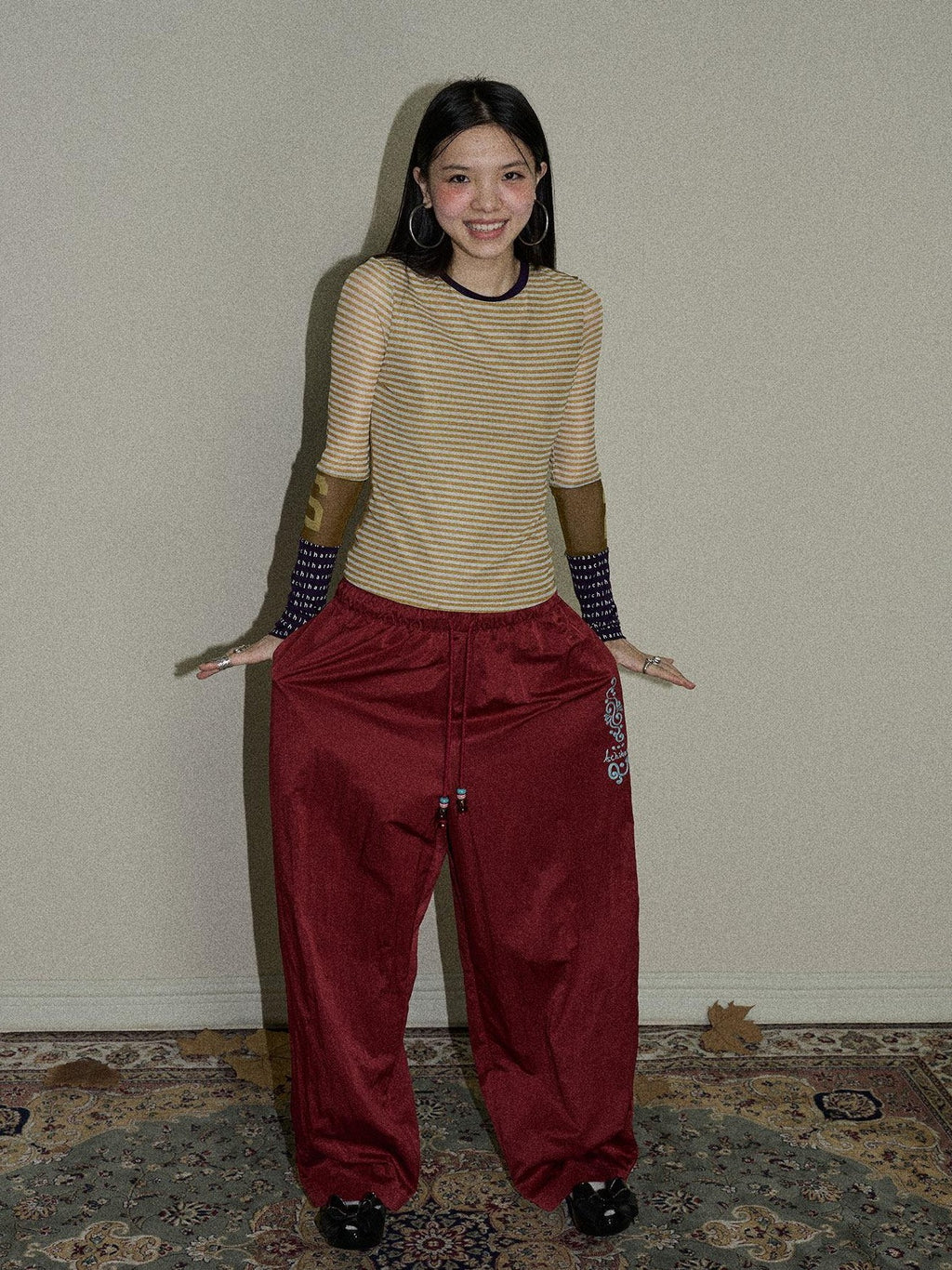Achihara Colorful Cargo Pocket Elastic Waist Women'S Nylon Blend Wide-Leg Pants