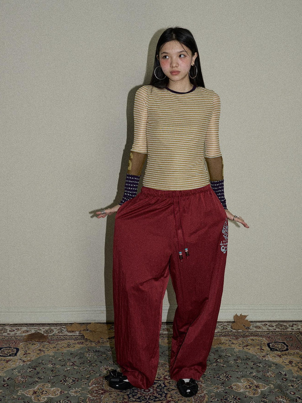 Achihara Colorful Cargo Pocket Elastic Waist Women'S Nylon Blend Wide-Leg Pants