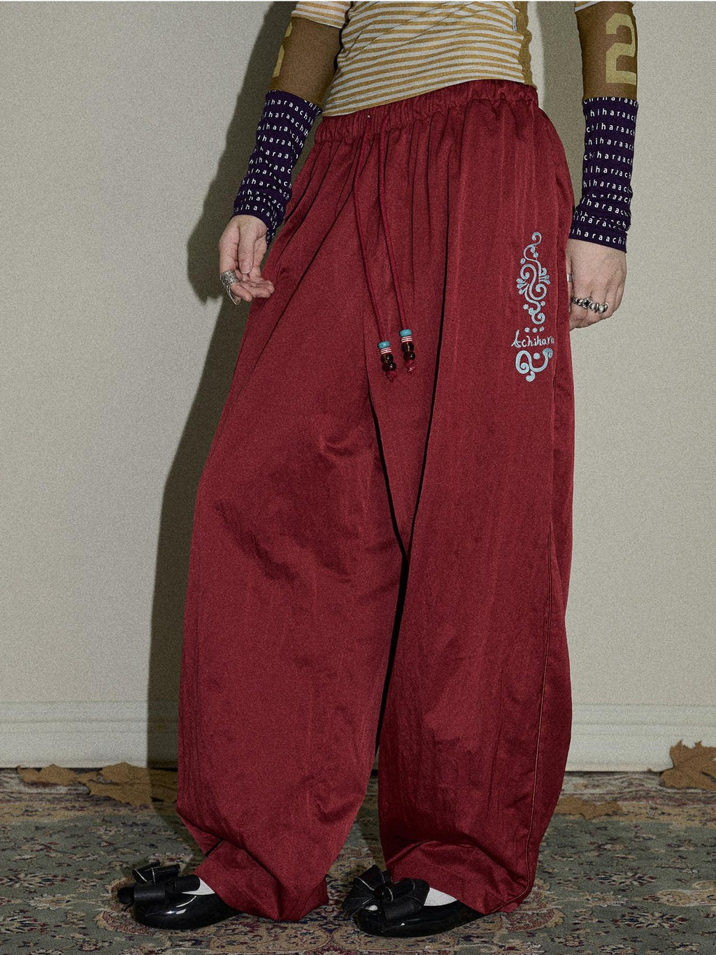 Achihara Colorful Cargo Pocket Elastic Waist Women'S Nylon Blend Wide-Leg Pants