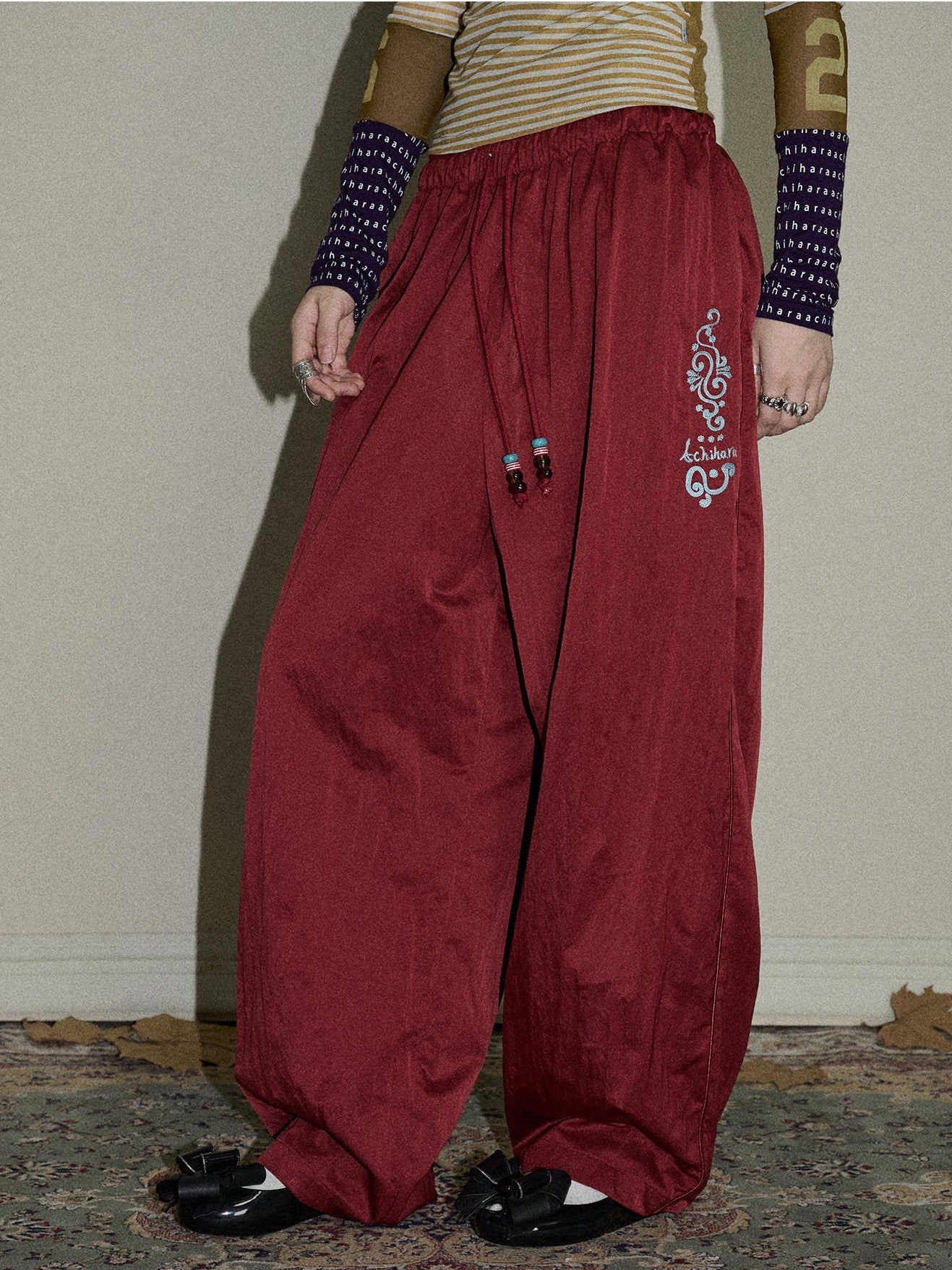 Achihara Colorful Cargo Pocket Elastic Waist Women'S Nylon Blend Wide-Leg Pants
