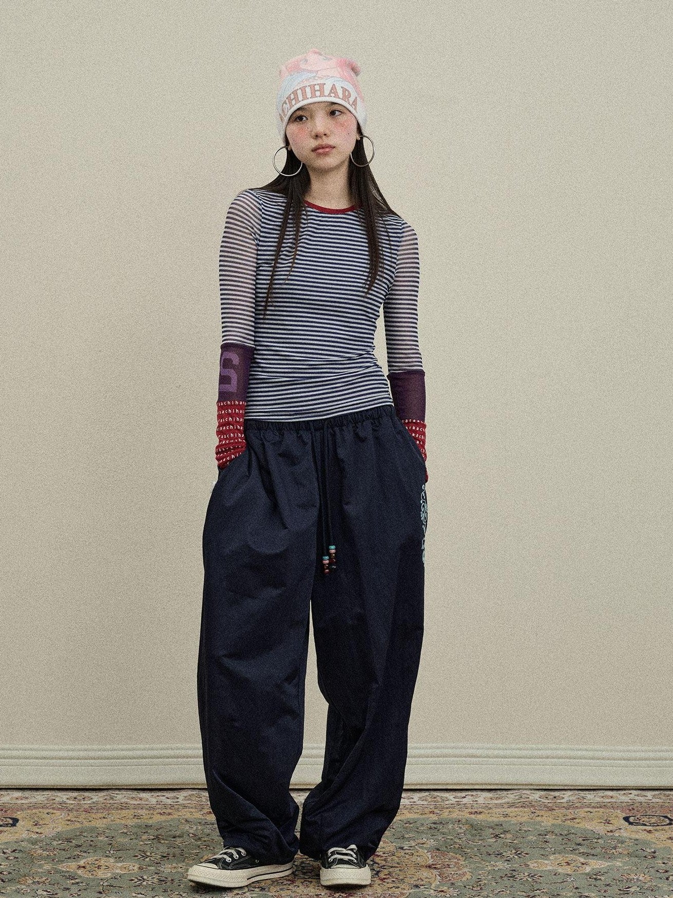 Achihara Colorful Cargo Pocket Elastic Waist Women'S Nylon Blend Wide-Leg Pants