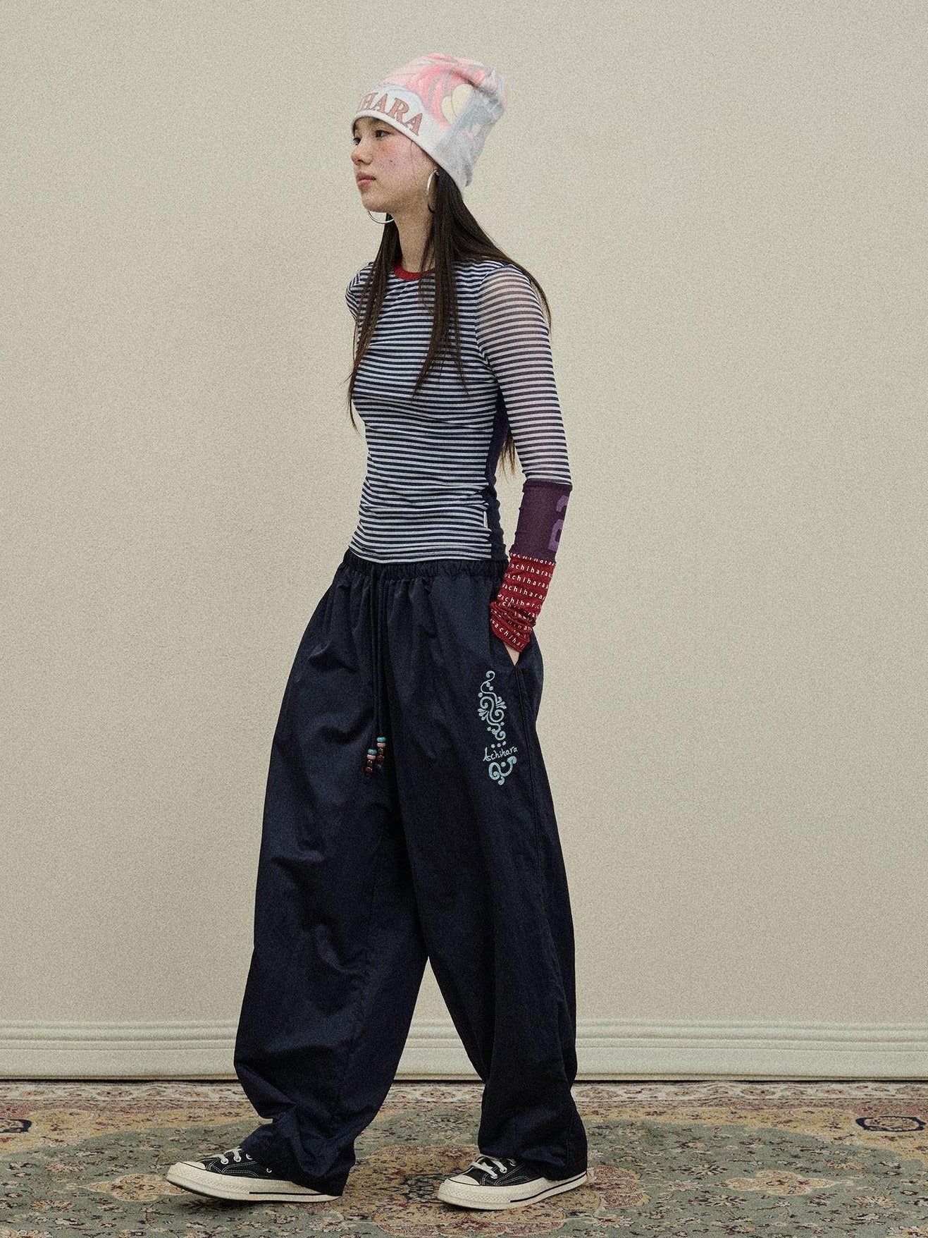 Achihara Colorful Cargo Pocket Elastic Waist Women'S Nylon Blend Wide-Leg Pants