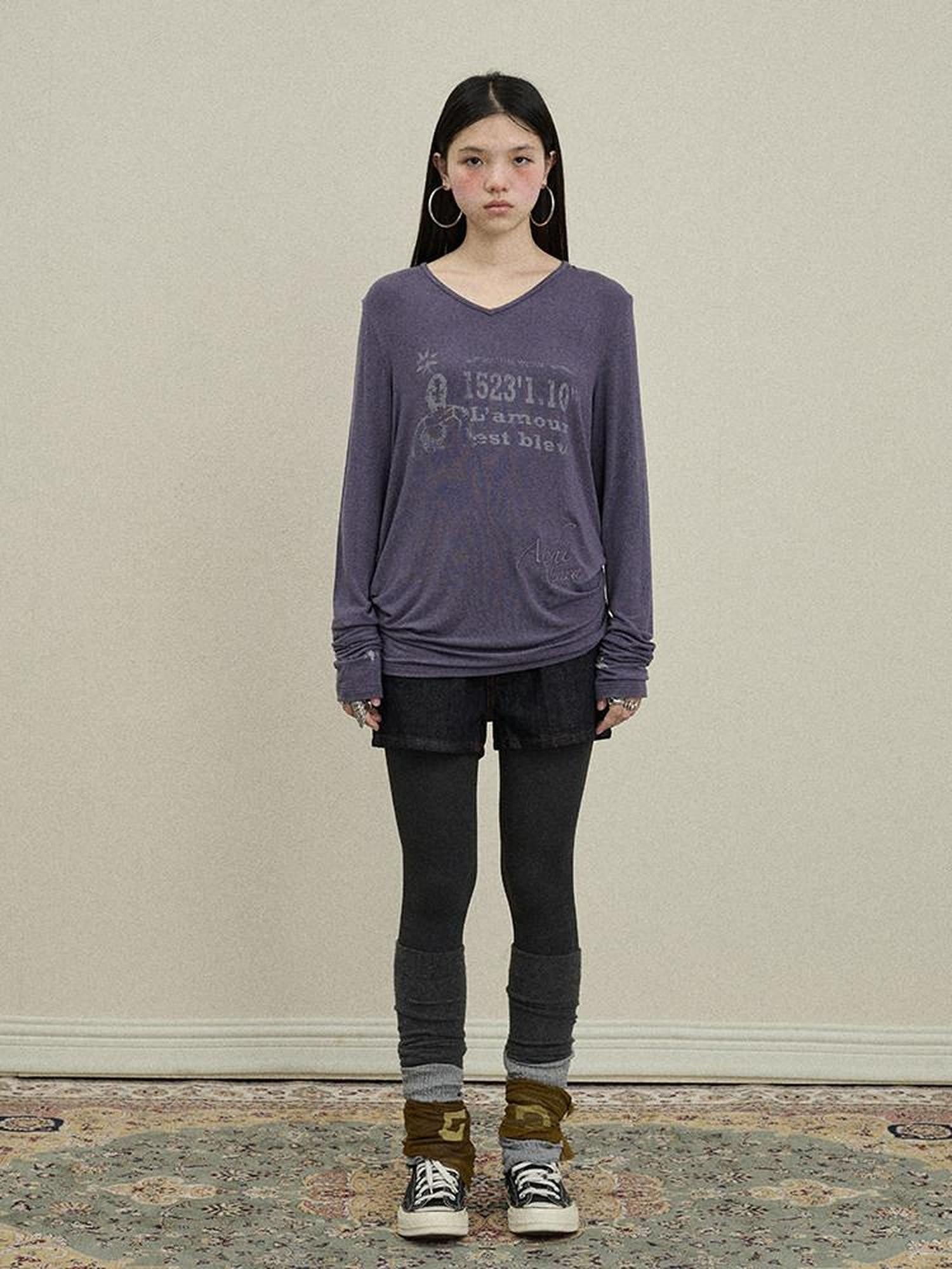 Achihara Colorful Creative Print V-neck Women'S Viscose Blend Long Sleeve T-Shirts