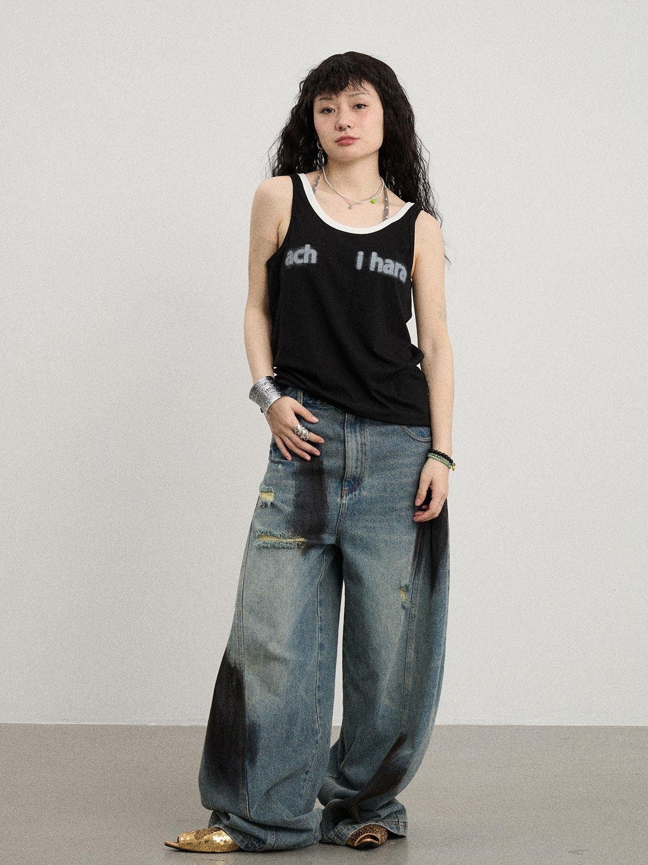 Achihara Contrast Neckline Letter Print Women'S Lyocell Blend Tank Tops
