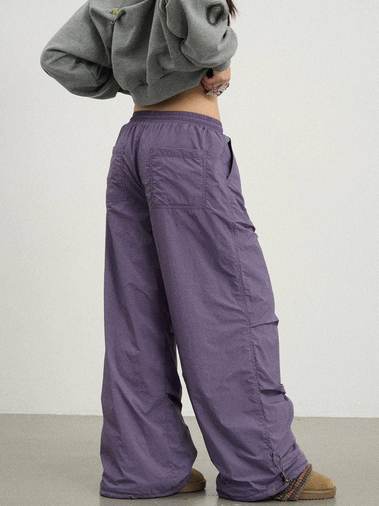 Achihara Crinkled Cargo Women'S Fleece Lined Floor Length Wide-Leg Pants