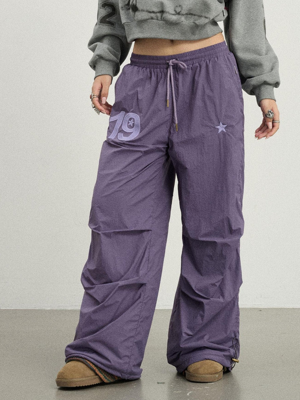 Achihara Crinkled Cargo Women'S Fleece Lined Floor Length Wide-Leg Pants