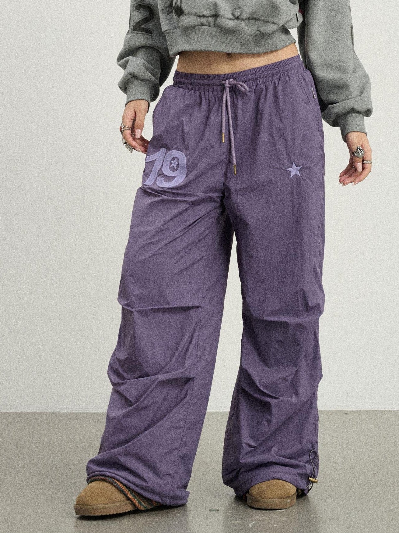 Achihara Crinkled Cargo Women'S Fleece Lined Floor Length Wide-Leg Pants
