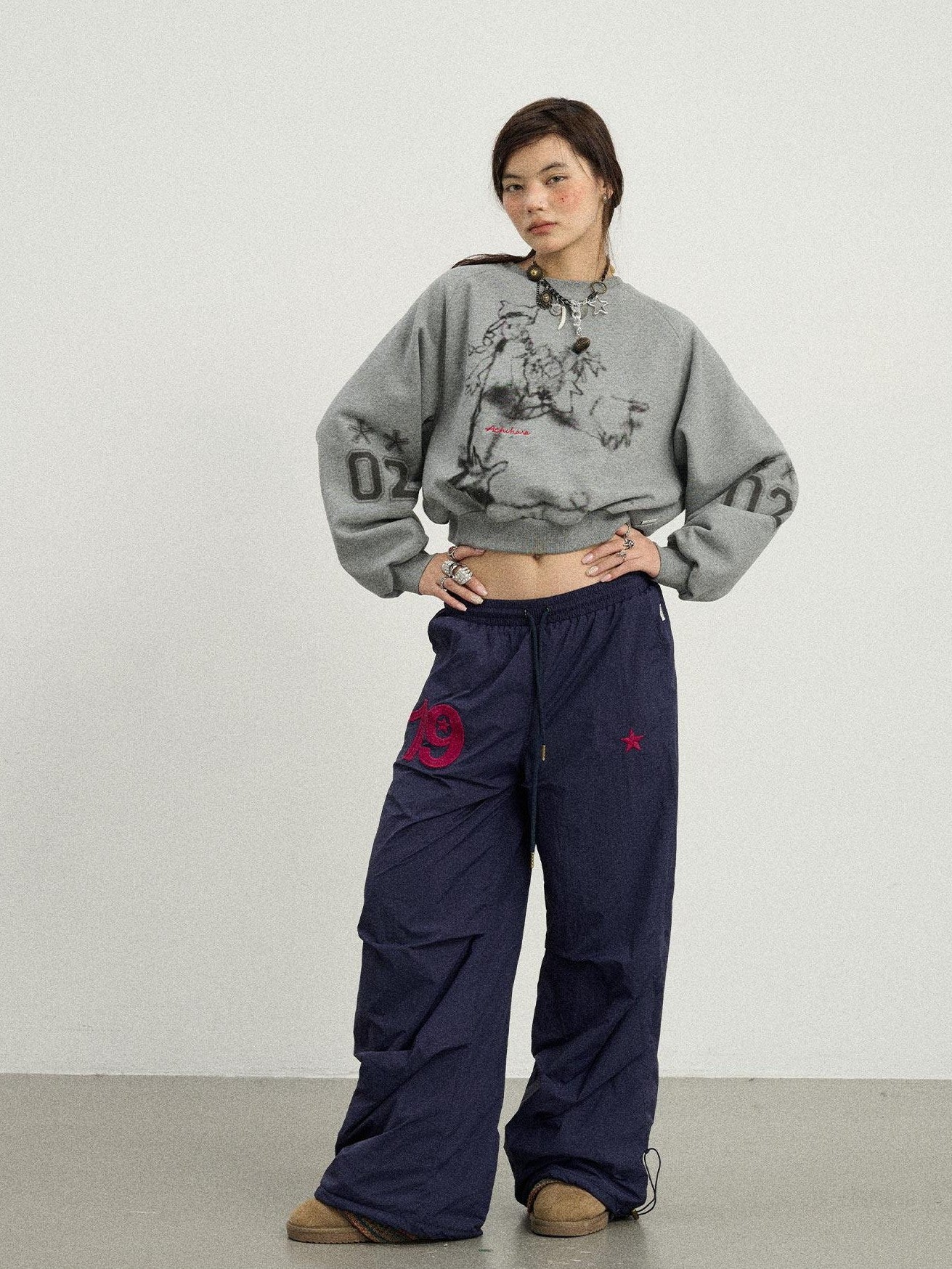 Achihara Crinkled Cargo Women'S Fleece Lined Floor Length Wide-Leg Pants