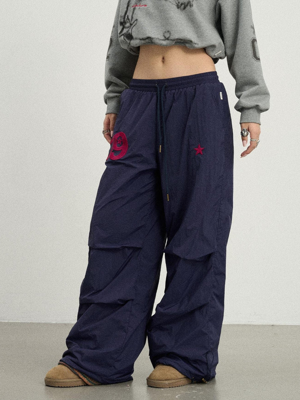 Achihara Crinkled Cargo Women'S Fleece Lined Floor Length Wide-Leg Pants