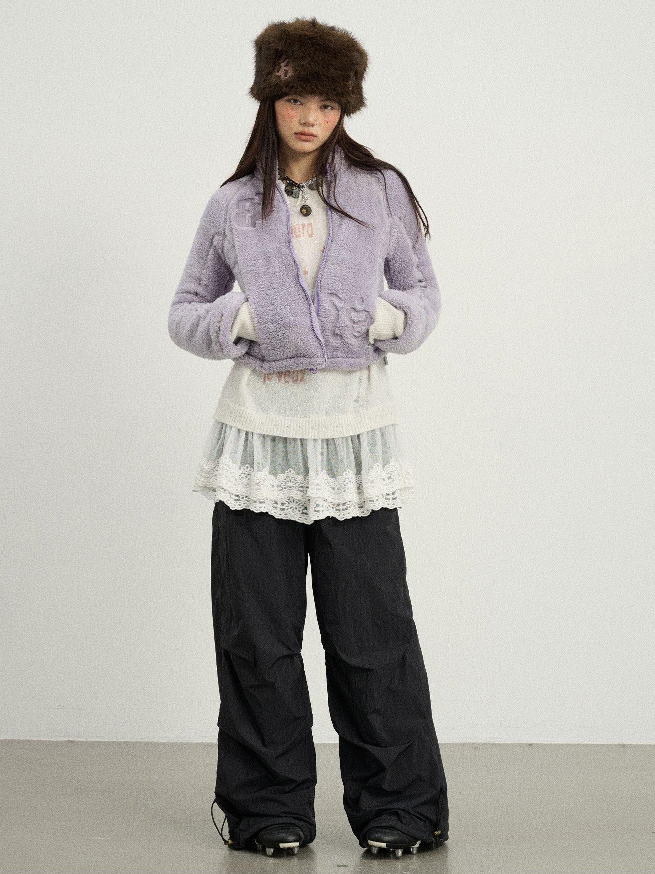Achihara Crinkled Cargo Women'S Fleece Lined Floor Length Wide-Leg Pants