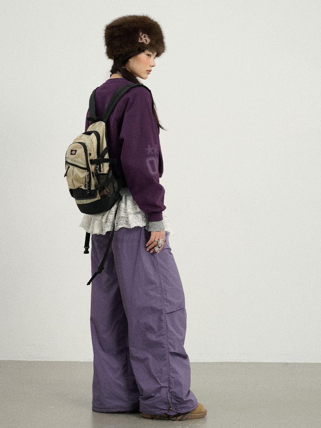 Achihara Crinkled Cargo Women'S Fleece Lined Floor Length Wide-Leg Pants