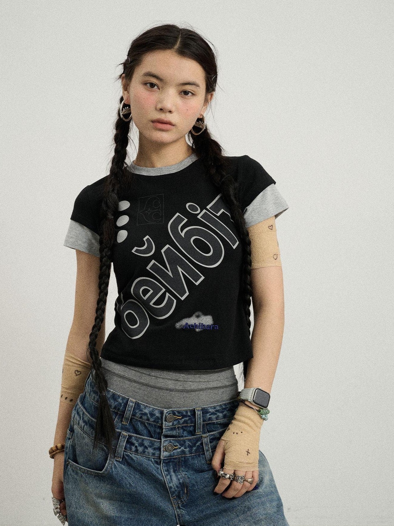 Achihara Cropped Creative Printed Slim Fit Crewneck Women'S Cotton Short Sleeve T-Shirts