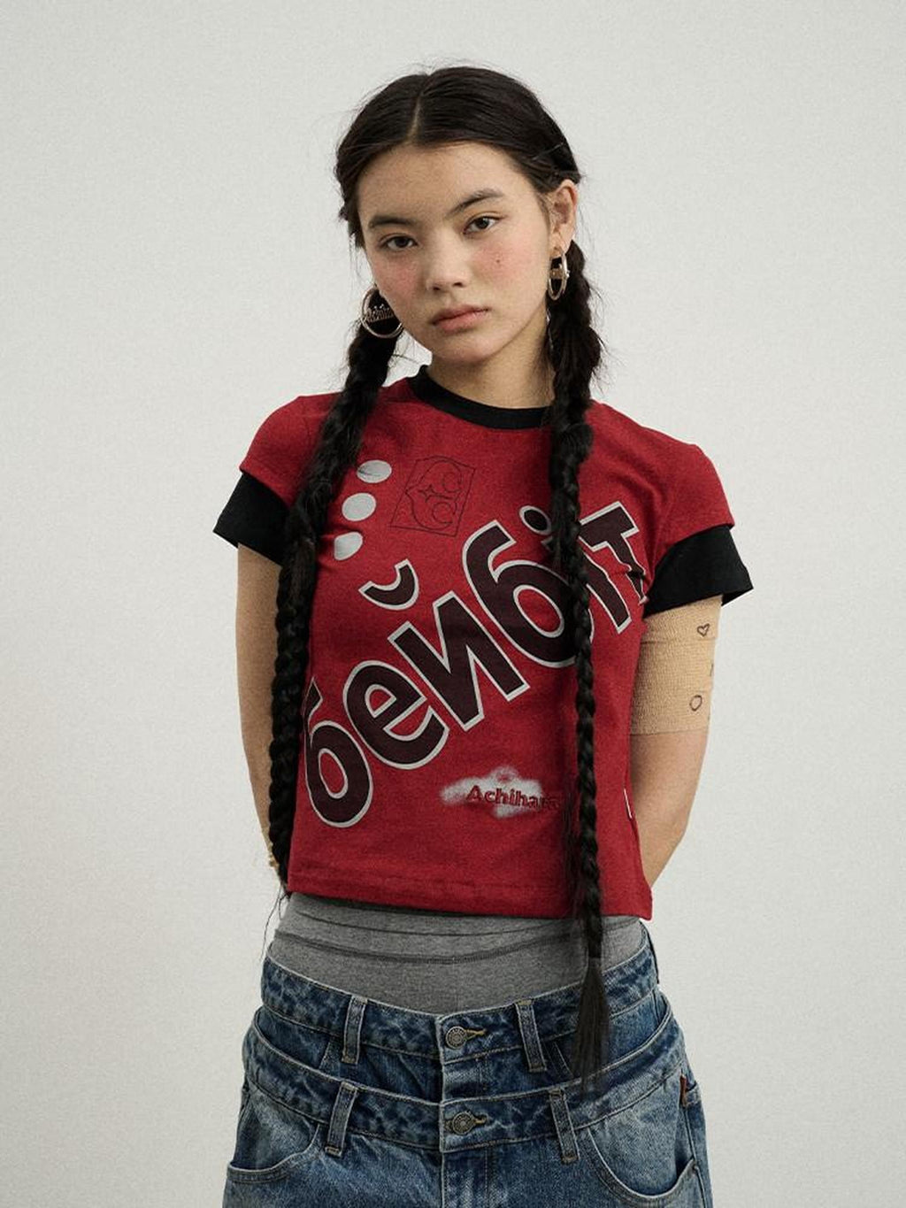 Achihara Cropped Creative Printed Slim Fit Crewneck Women'S Cotton Short Sleeve T-Shirts