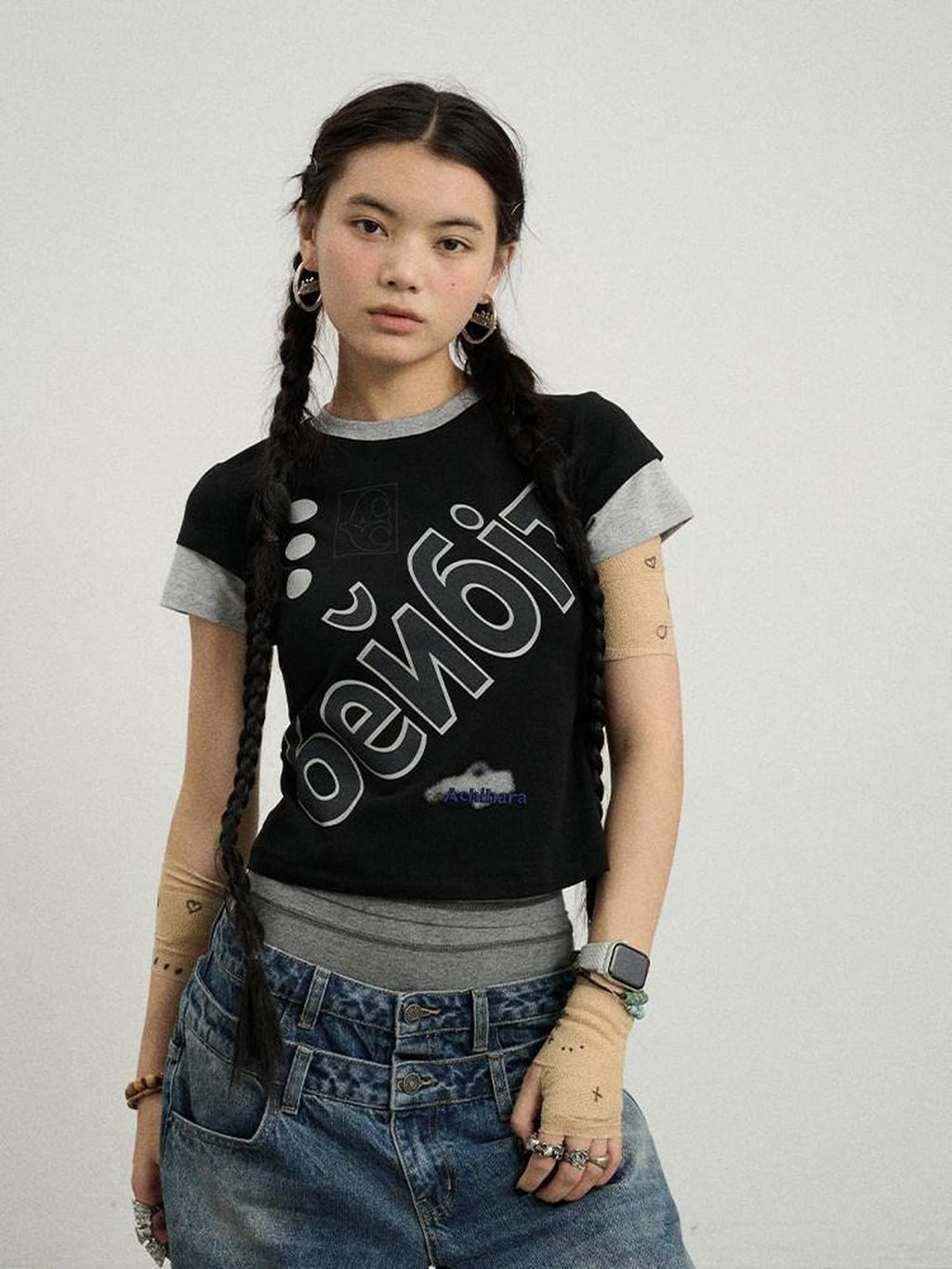 Achihara Cropped Creative Printed Slim Fit Crewneck Women'S Cotton Short Sleeve T-Shirts