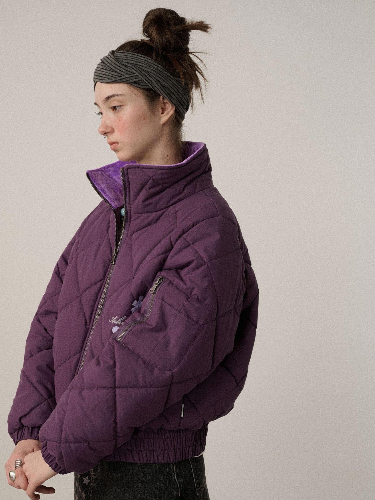 Achihara Cropped Diamond Quilted Stand Collar Women'S Cotton Puffer Jackets