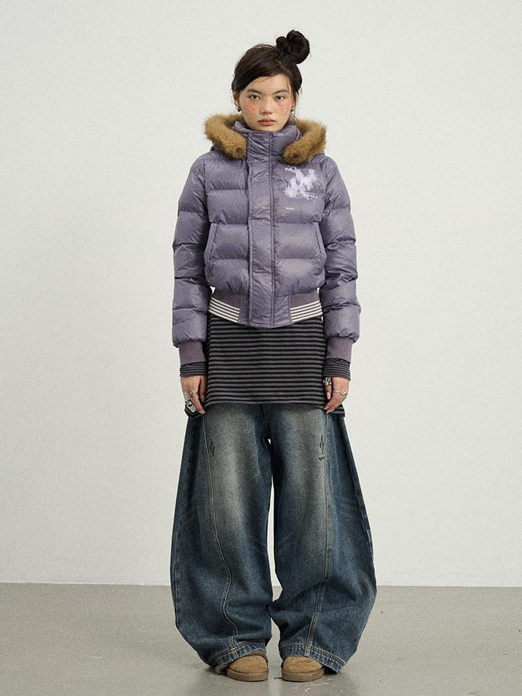 Achihara Cropped Straight Cut Detachable Hood Fur Collar Women'S Cotton Puffer Jackets