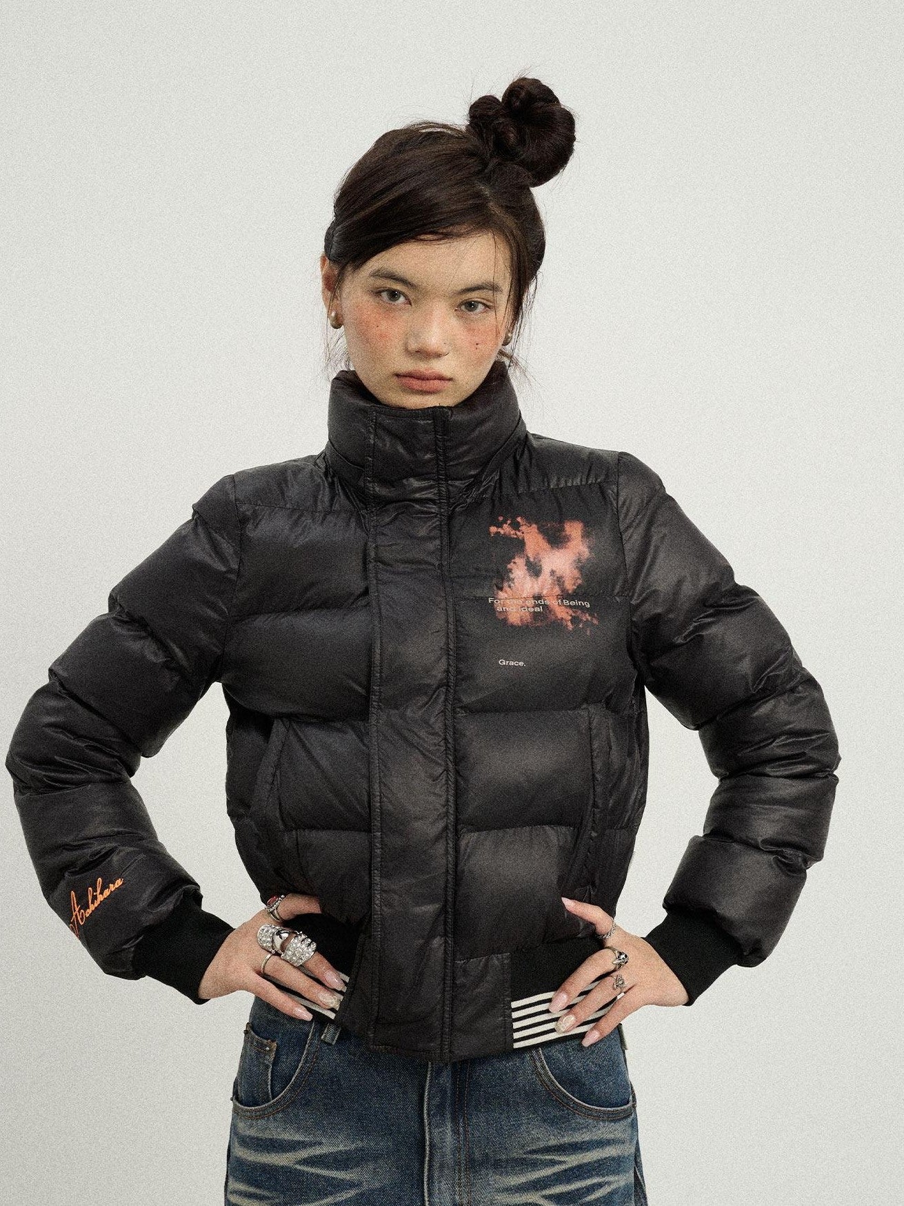 Achihara Cropped Straight Cut Detachable Hood Fur Collar Women'S Cotton Puffer Jackets