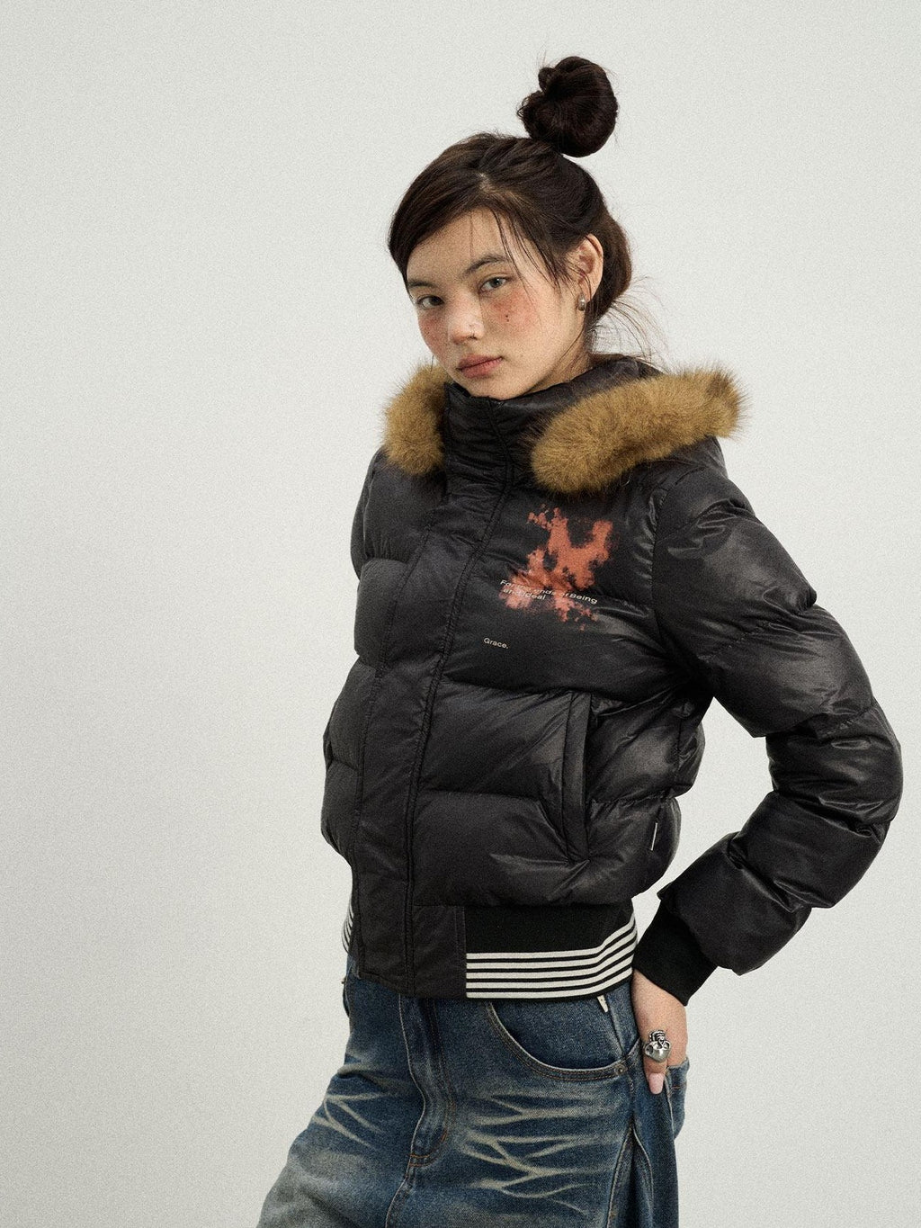 Achihara Cropped Straight Cut Detachable Hood Fur Collar Women'S Cotton Puffer Jackets