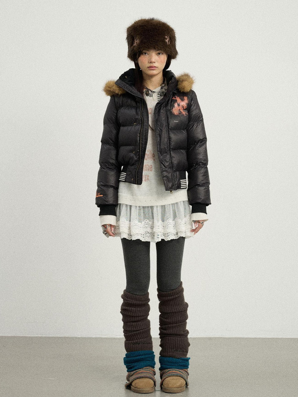 Achihara Cropped Straight Cut Detachable Hood Fur Collar Women'S Cotton Puffer Jackets