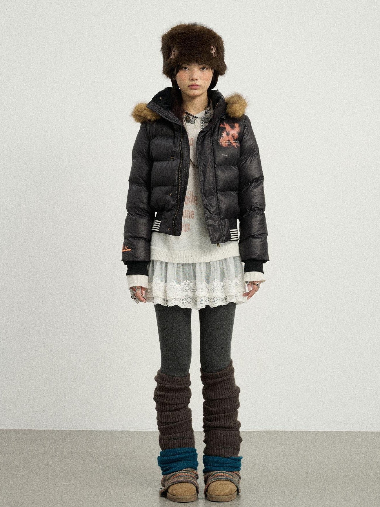 Achihara Cropped Straight Cut Detachable Hood Fur Collar Women'S Cotton Puffer Jackets