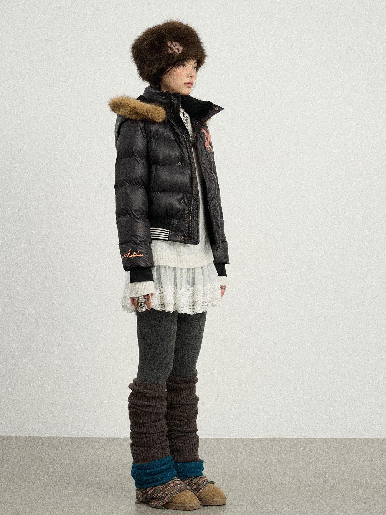 Achihara Cropped Straight Cut Detachable Hood Fur Collar Women'S Cotton Puffer Jackets
