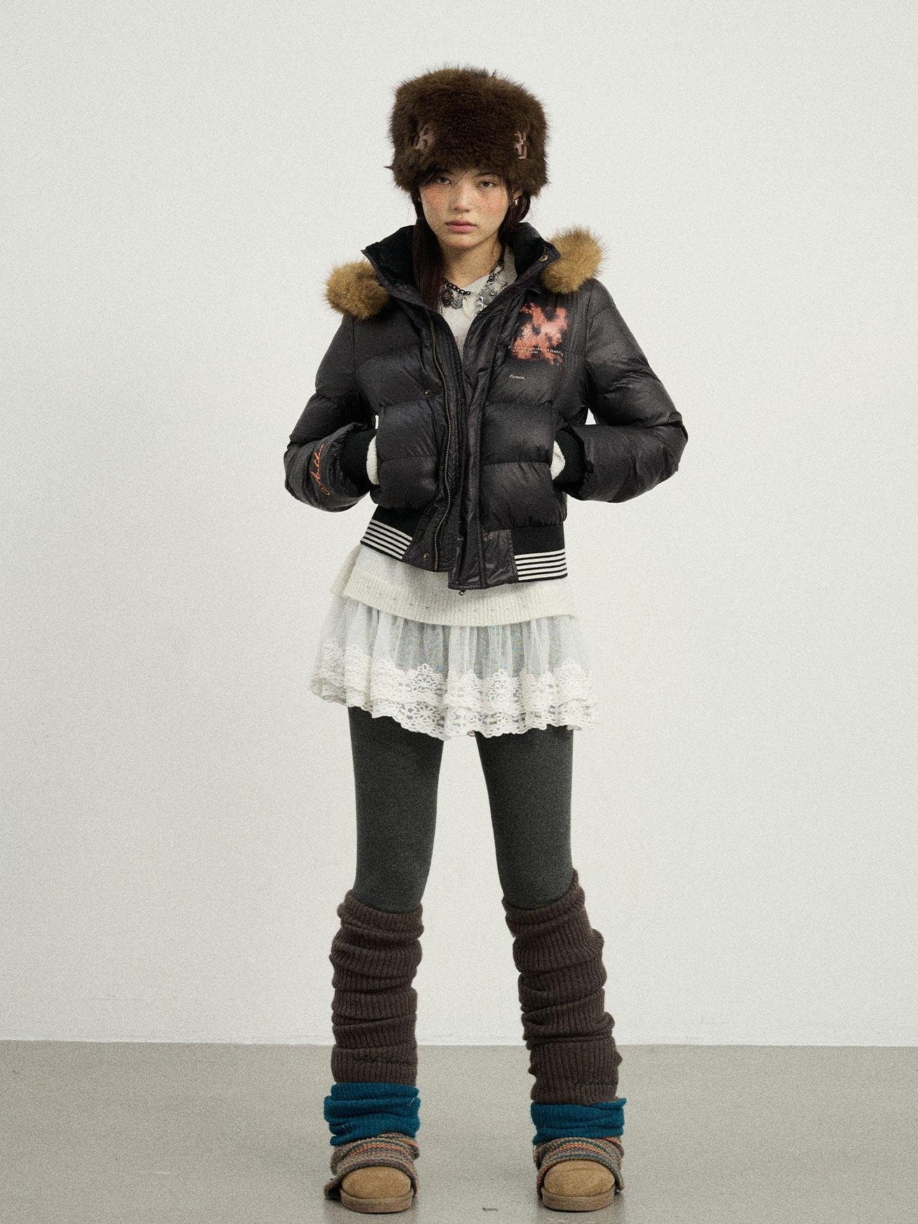 Achihara Cropped Straight Cut Detachable Hood Fur Collar Women'S Cotton Puffer Jackets