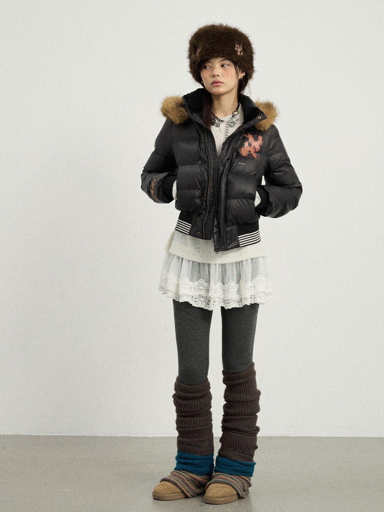 Achihara Cropped Straight Cut Detachable Hood Fur Collar Women'S Cotton Puffer Jackets