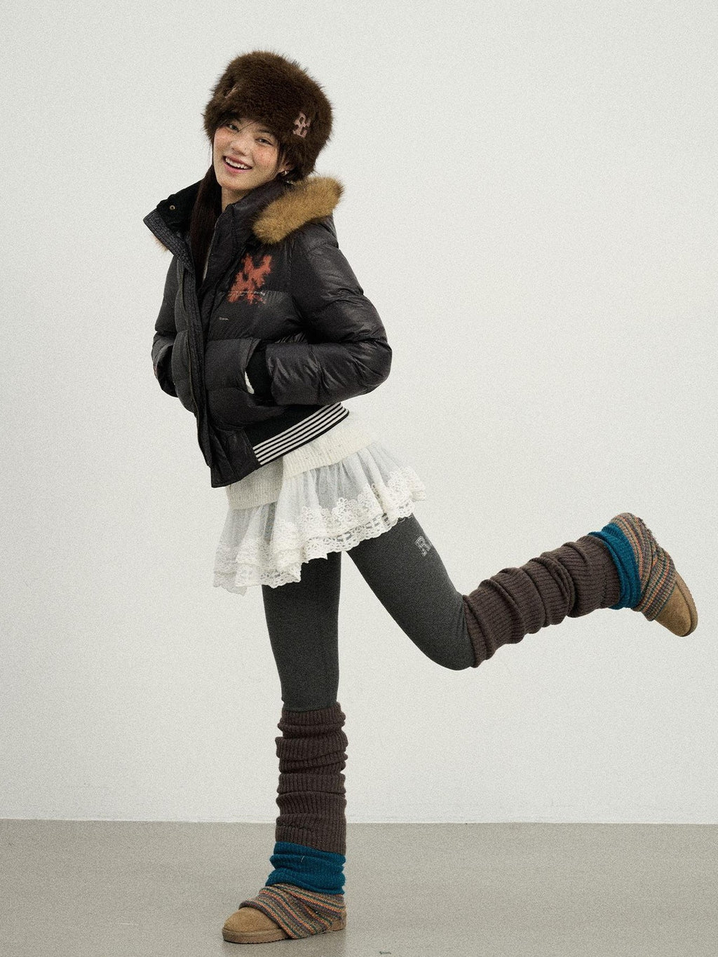 Achihara Cropped Straight Cut Detachable Hood Fur Collar Women'S Cotton Puffer Jackets