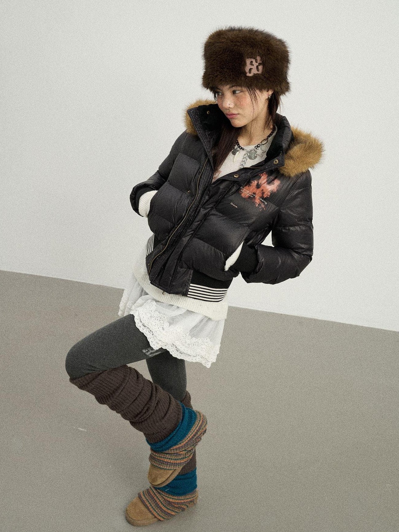 Achihara Cropped Straight Cut Detachable Hood Fur Collar Women'S Cotton Puffer Jackets