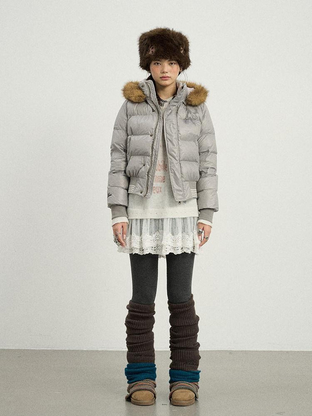 Achihara Cropped Straight Cut Detachable Hood Fur Collar Women'S Cotton Puffer Jackets