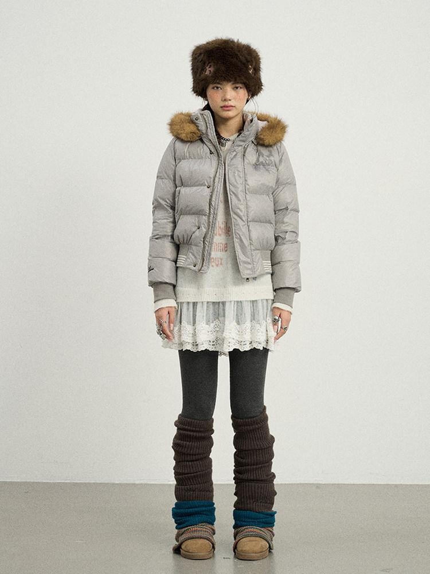 Achihara Cropped Straight Cut Detachable Hood Fur Collar Women'S Cotton Puffer Jackets
