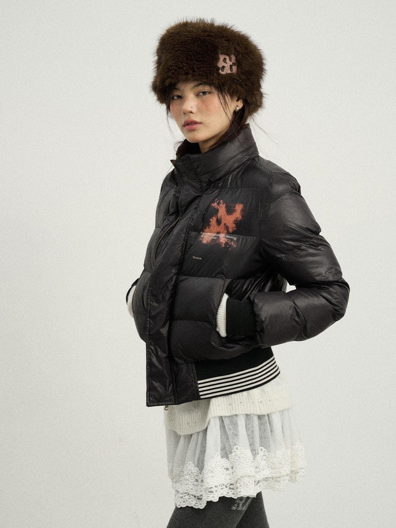 Achihara Cropped Straight Cut Detachable Hood Fur Collar Women'S Cotton Puffer Jackets