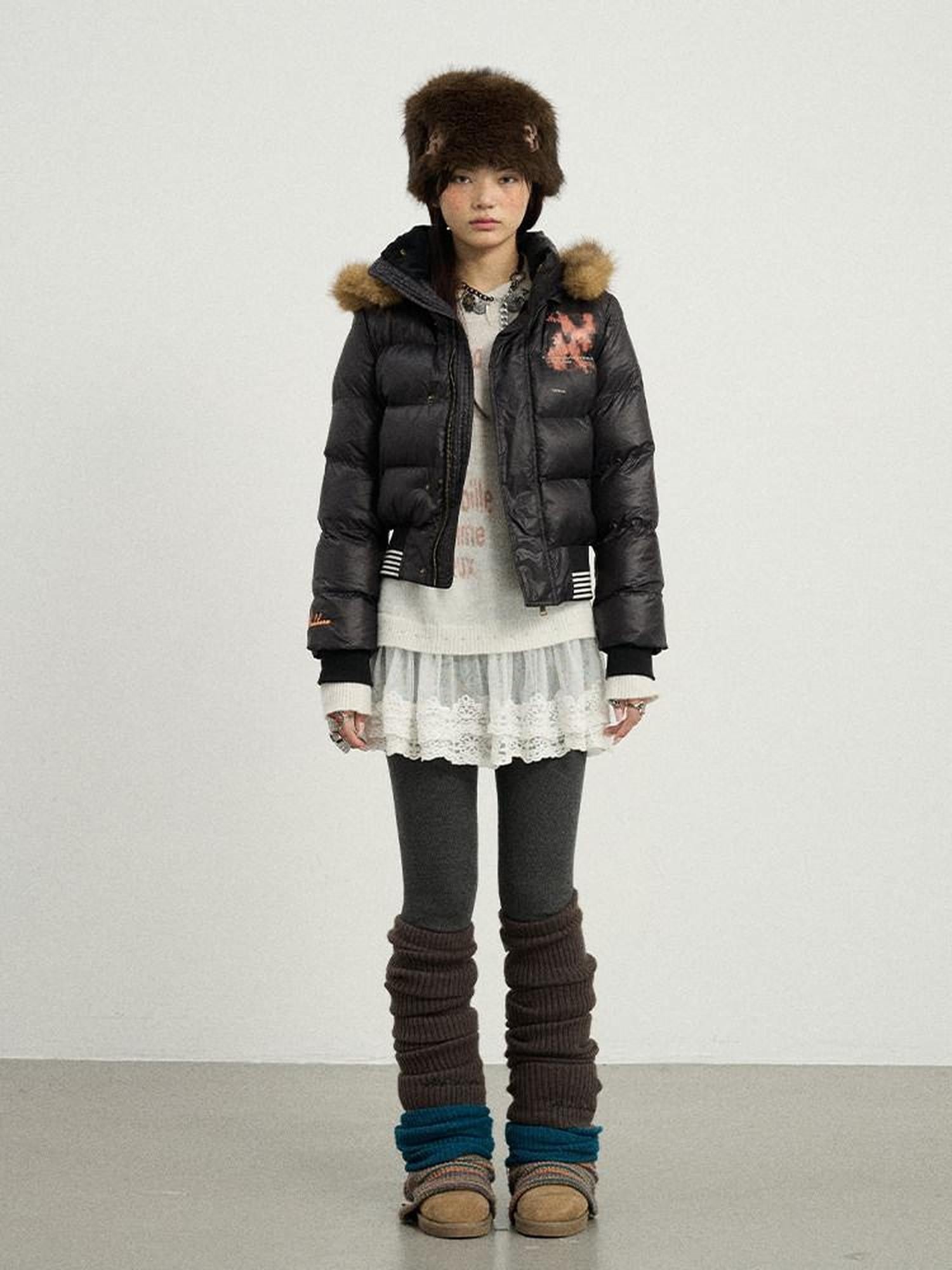 Achihara Cropped Straight Cut Detachable Hood Fur Collar Women'S Cotton Puffer Jackets