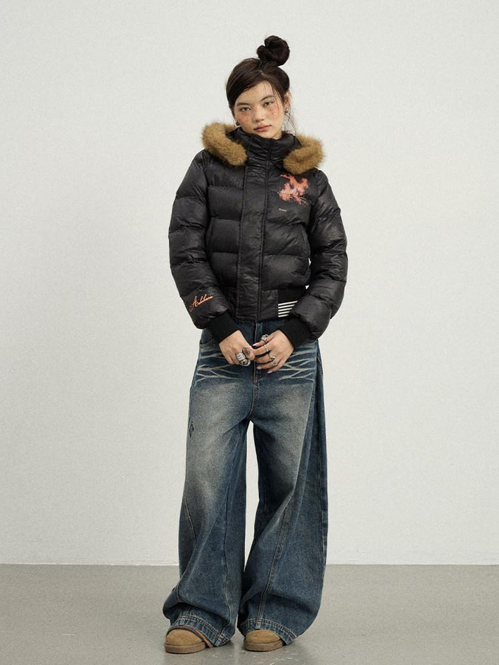 Achihara Cropped Straight Cut Detachable Hood Fur Collar Women'S Cotton Puffer Jackets