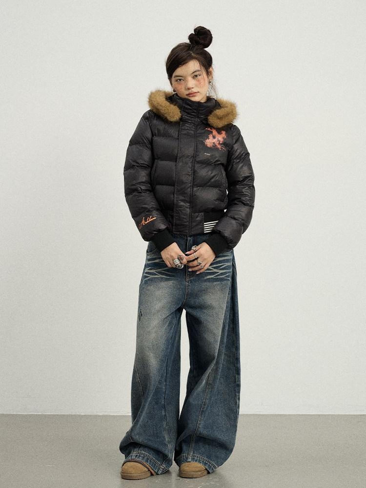 Achihara Cropped Straight Cut Detachable Hood Fur Collar Women'S Cotton Puffer Jackets