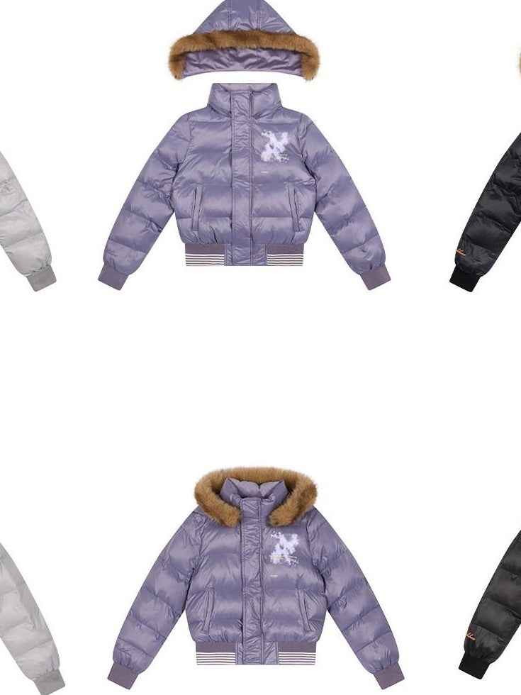 Achihara Cropped Straight Cut Detachable Hood Fur Collar Women'S Cotton Puffer Jackets